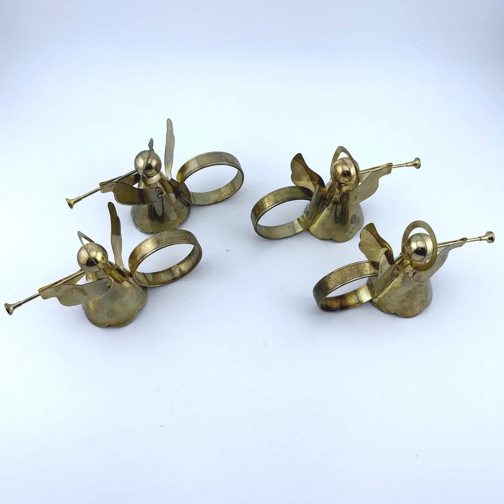 Vintage Brass Angel Napkin Rings Set of 4 Gold Tone Trumpet Christmas Decor